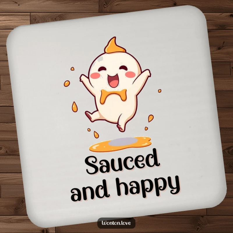 Funny Coaster featuring a happy wonton character in a cartwheel with sauce splashes, offering surface protection with a humorous, energetic design.