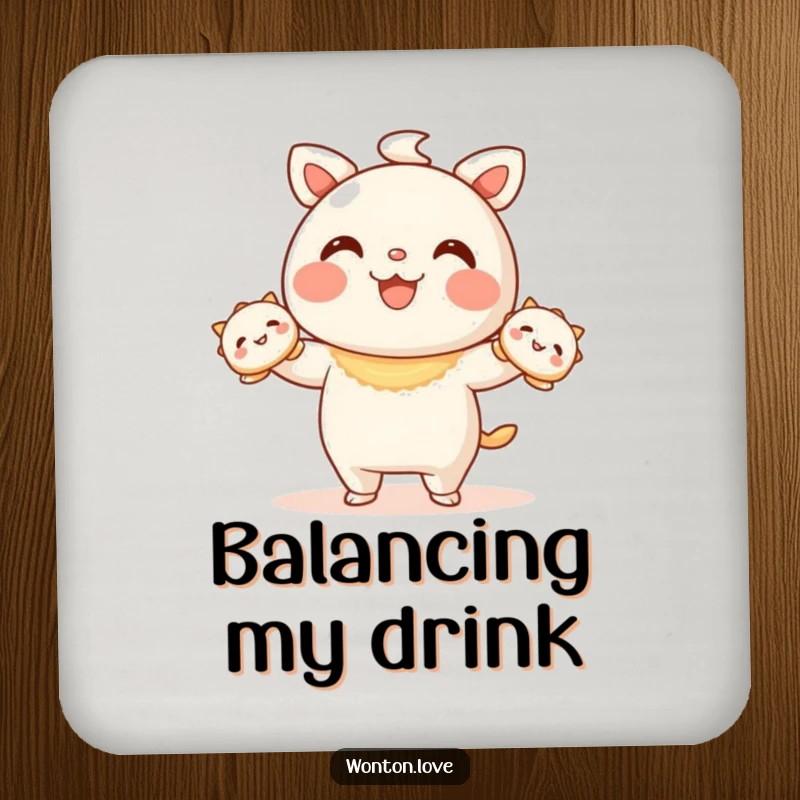Funny Wonton Juggling Coasters featuring a wonton character juggling happy dumplings, protecting tabletops.