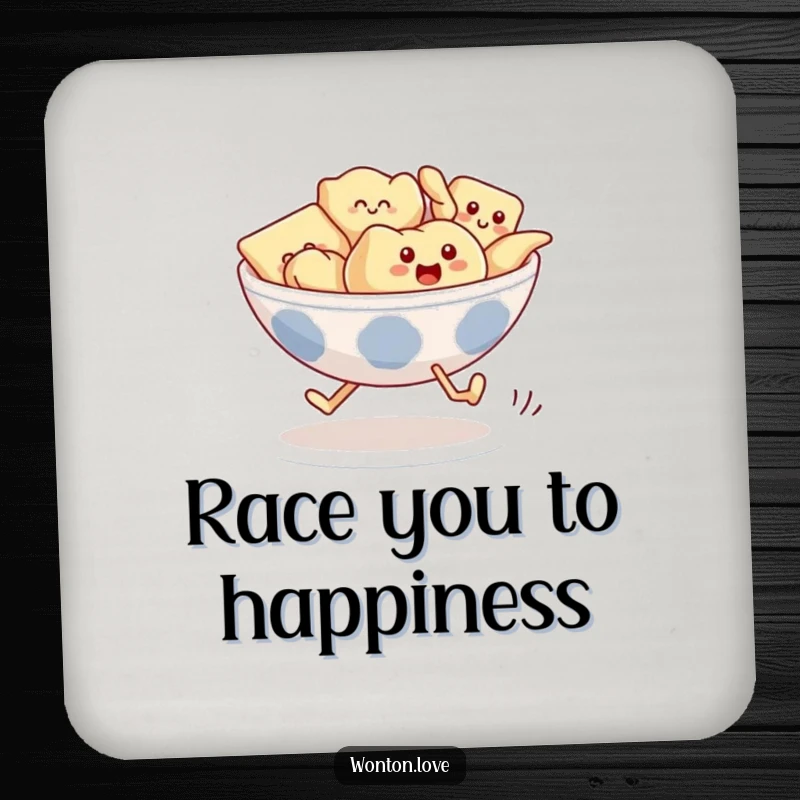 Funny Wonton Race Coasters featuring wontons with legs comically running, protecting your furniture with humor.