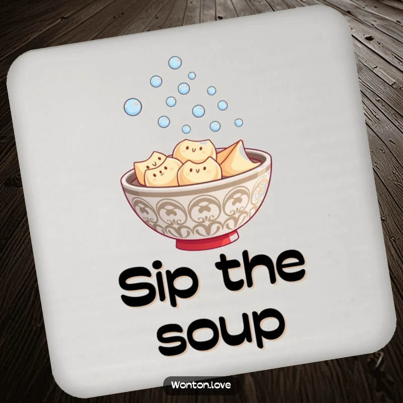 Funny Wonton Steam Coasters featuring a steaming bowl of wontons with bubbly details, protecting tabletops.