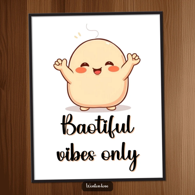 Funny Steamed Bun Poster depicting a joyful cartoon bao character with its doughy arms actively waving hello.