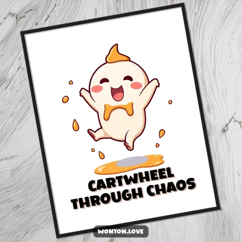 Funny Poster capturing a happy wonton character in a cartwheel with dynamic sauce splashes, perfect for adding energetic, humorous decor.