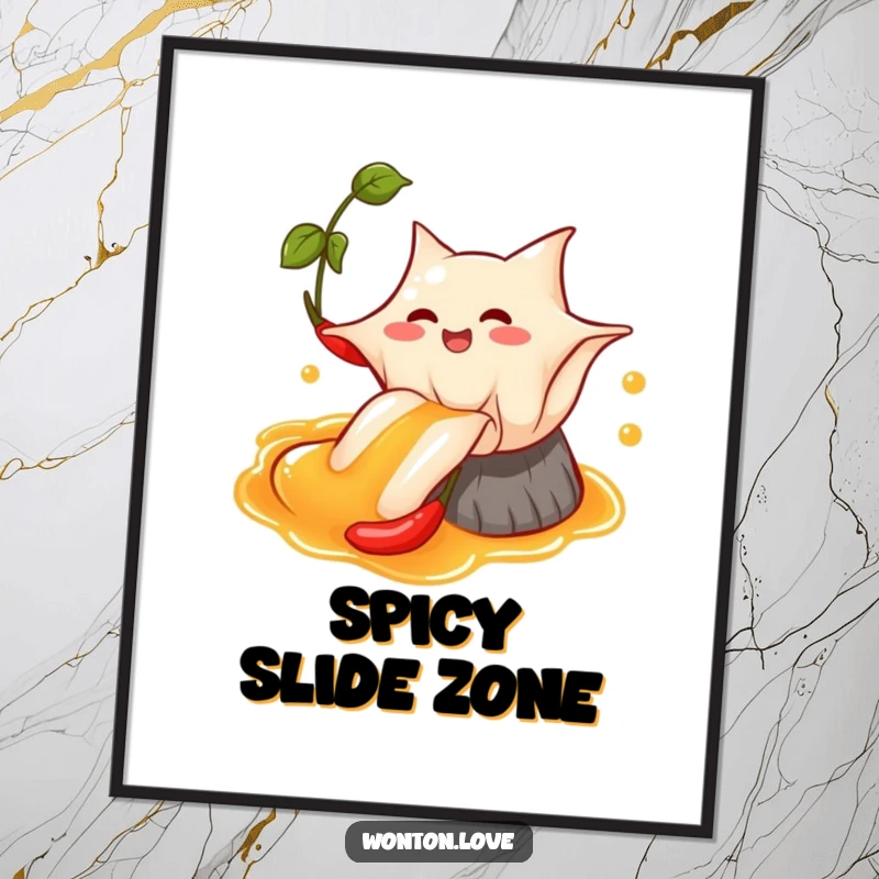 Funny Wonton Chili Oil Poster featuring a happy wonton sliding down chili oil, perfect for adding zest.
