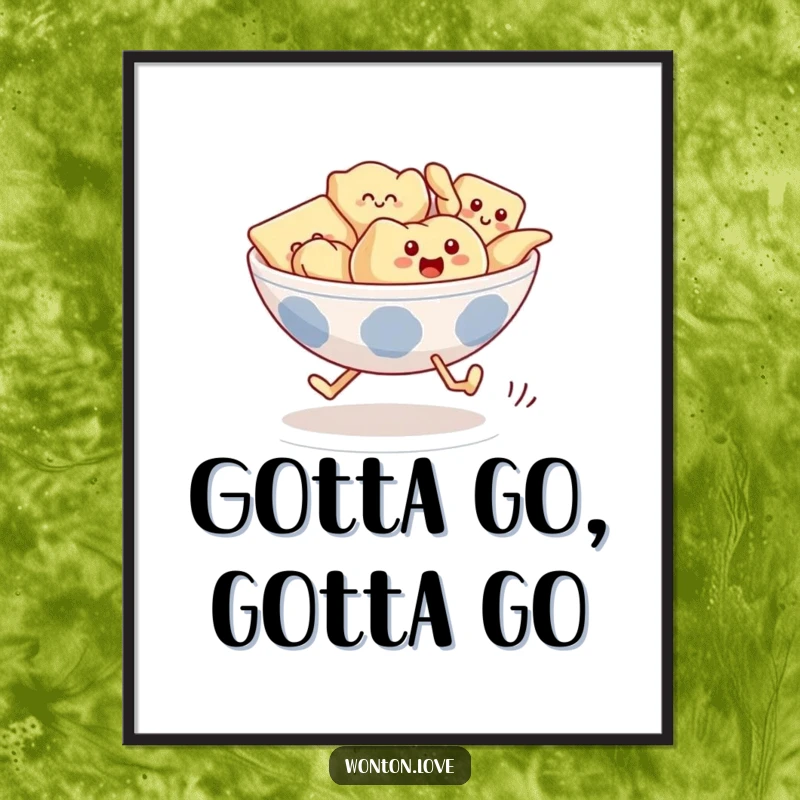 Funny Wonton Race Poster depicting a bowl of wontons with legs comically running in a spirited race.