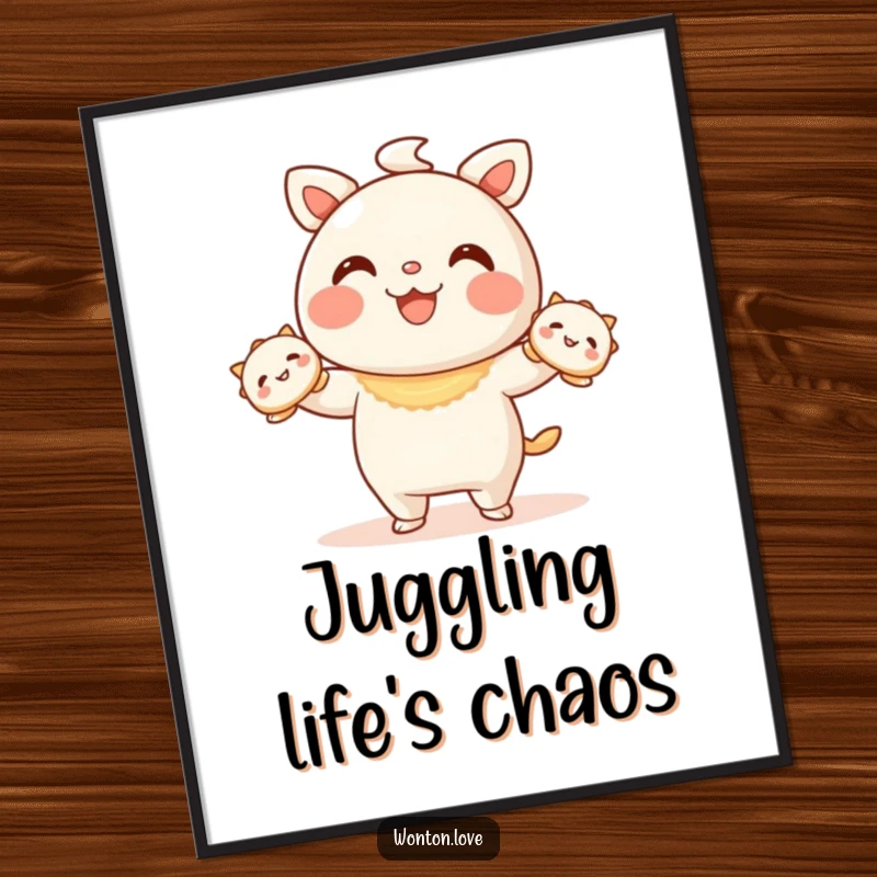Funny Wonton Juggling Poster featuring a wonton character juggling smiling dumplings, perfect for whimsical decor.