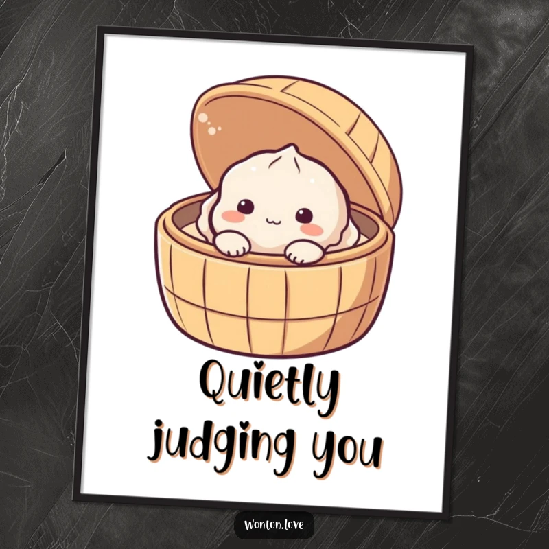 Funny Shy Dumpling Poster of a bashful baozi character peeking shyly from its bamboo steamer basket.