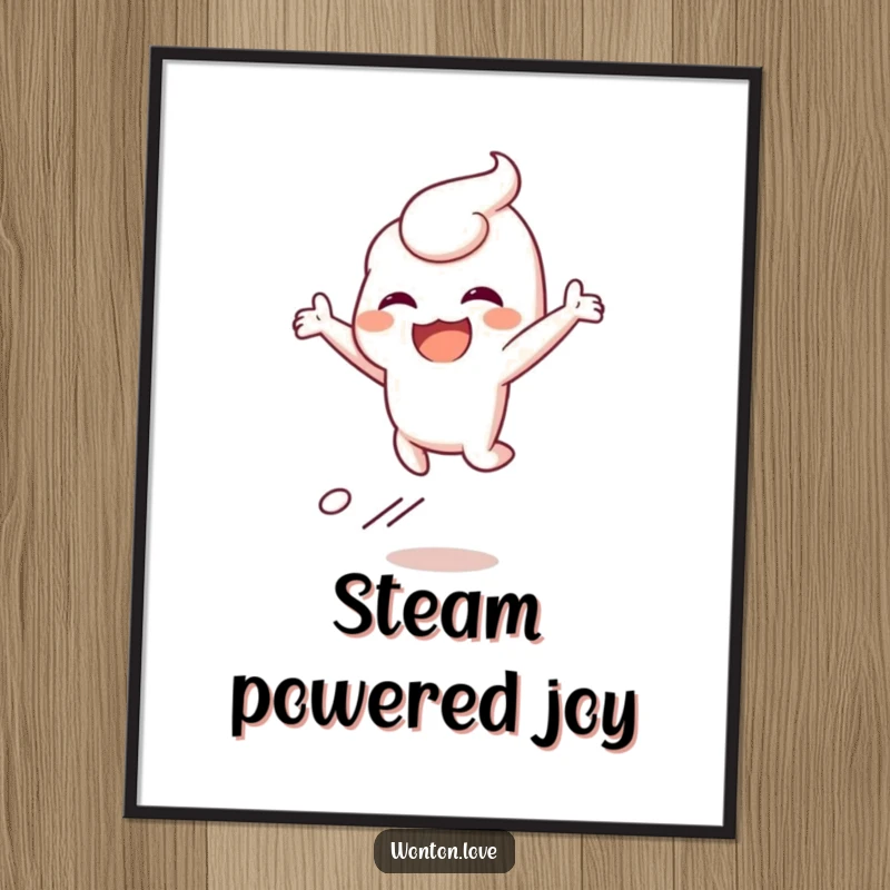 Funny poster of a wonton character leaping with joy, leaving a trail of steam, creating a lively atmosphere.