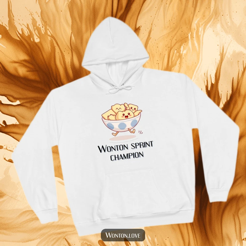 Funny Wonton Race Hoodie featuring a bowl of wontons with legs comically running in a fun race.