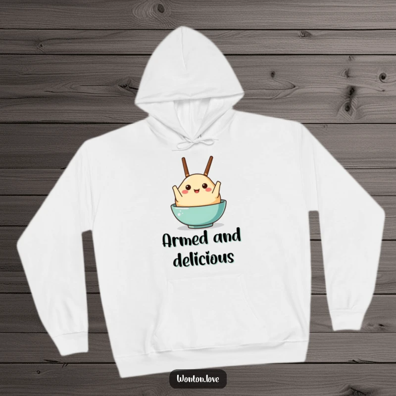 Funny hoodie featuring a wonton character humorously holding chopsticks like arms, offering cozy warmth and amusement.