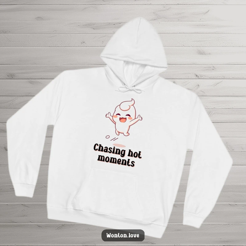 Funny hoodie featuring a wonton character leaping with joy, leaving a steam trail, offering warmth and humor.