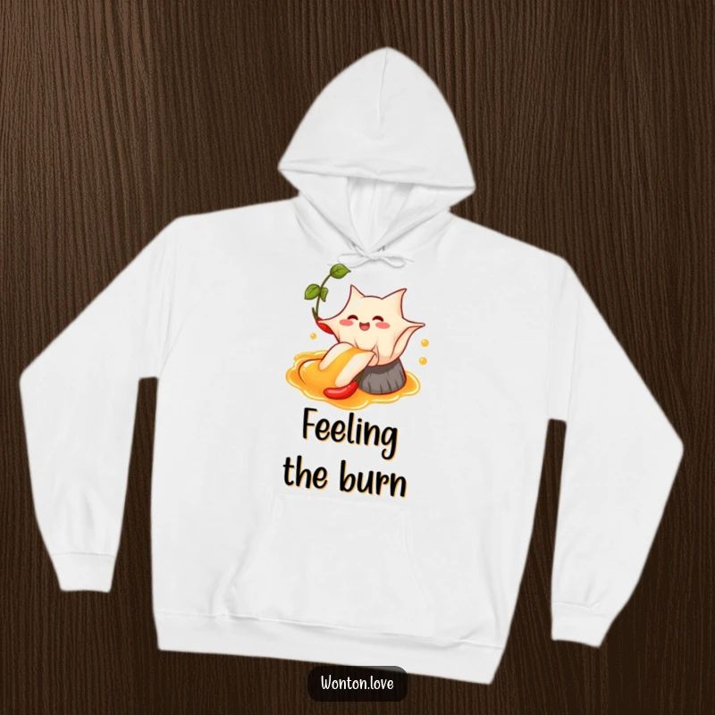 Funny Wonton Chili Oil Hoodie featuring a wonton sliding down chili oil, bringing cozy excitement.
