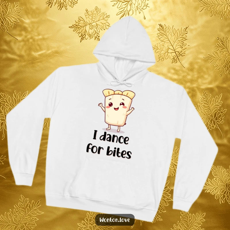 Funny hoodie featuring a smiling wonton wrapper character dancing a jig, offering cozy warmth and humor.