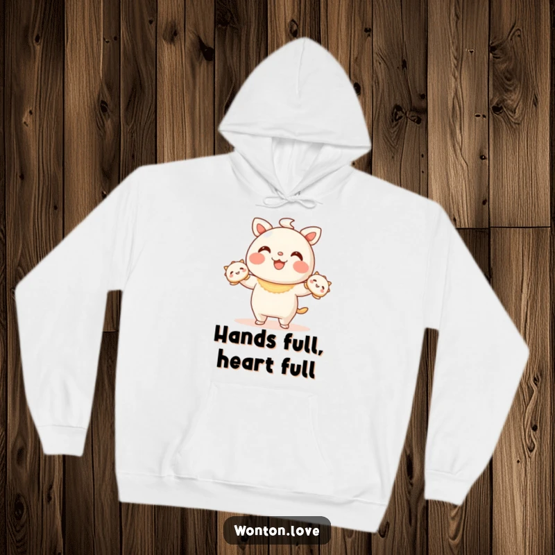 Funny Wonton Juggling Hoodie featuring a wonton character juggling smiling dumplings, perfect for cozy fun.