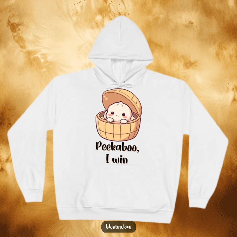 Funny Shy Dumpling Hoodie with a bashful baozi character peeking out from a traditional bamboo steamer.