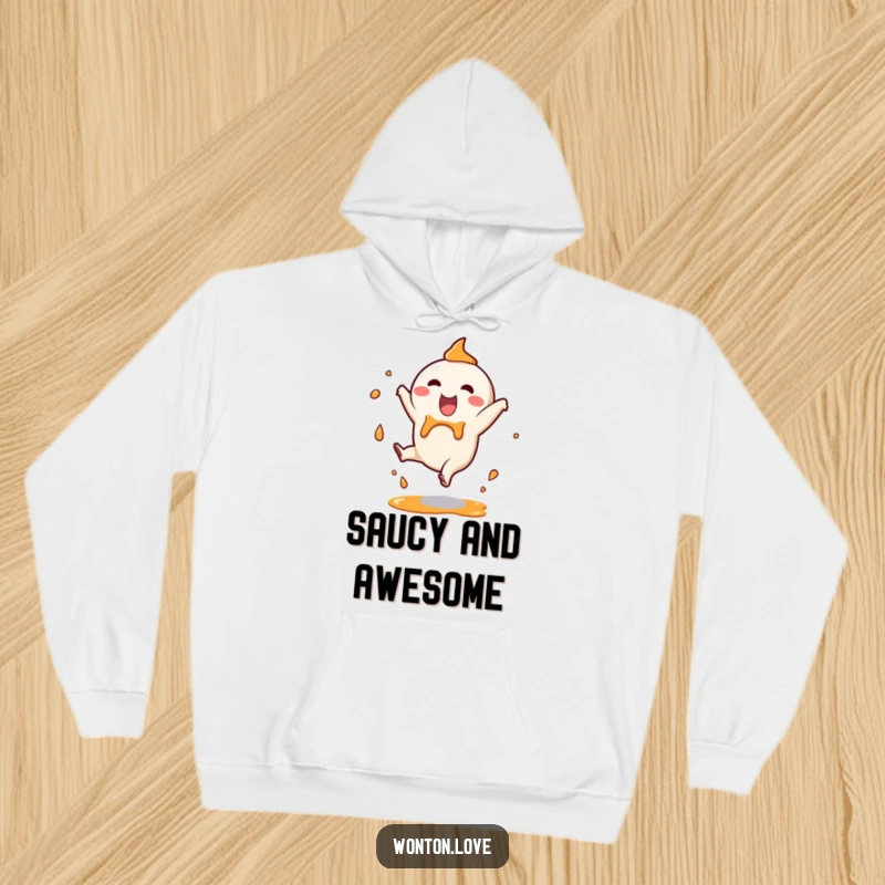 Funny Hoodie depicting a happy wonton character in a cartwheel with sauce splashes, offering comfort and splashy, humorous food fun.
