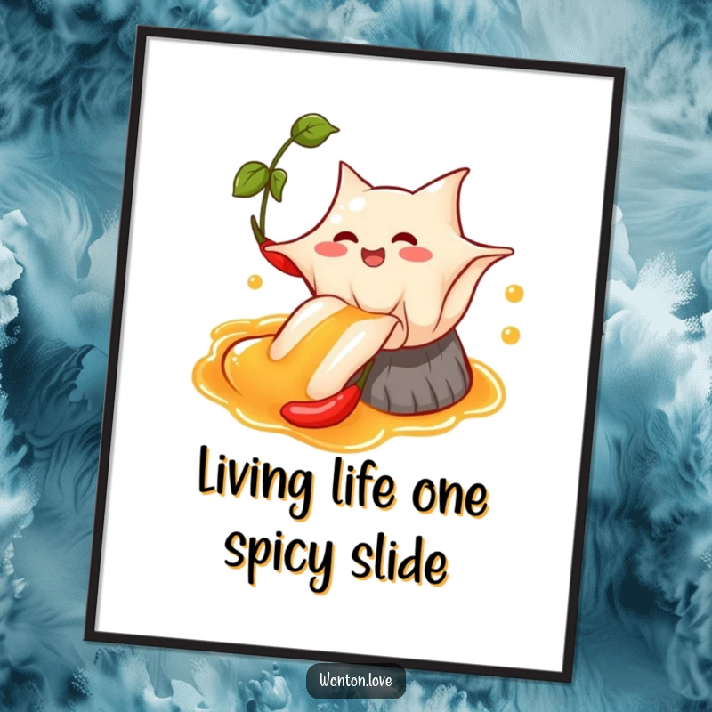 Funny Free Printable Wonton Wall Art of a happy wonton sliding down a vibrant chili oil stream, a fun downloadable art.