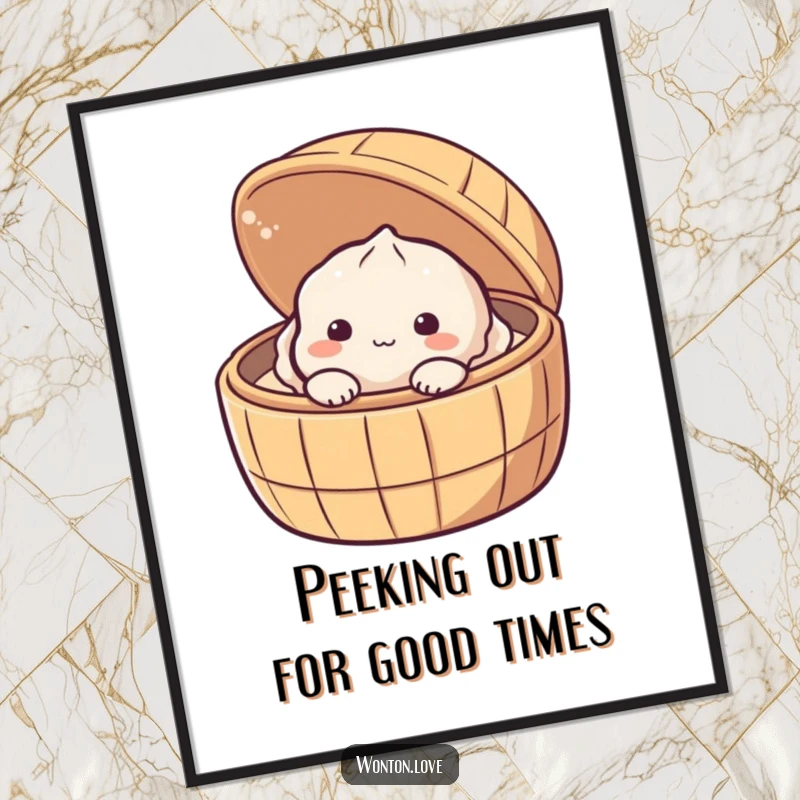 Funny Free Printable Wall Art: A shy dumpling peeking out from a bamboo steamer, adding subtle charm.
