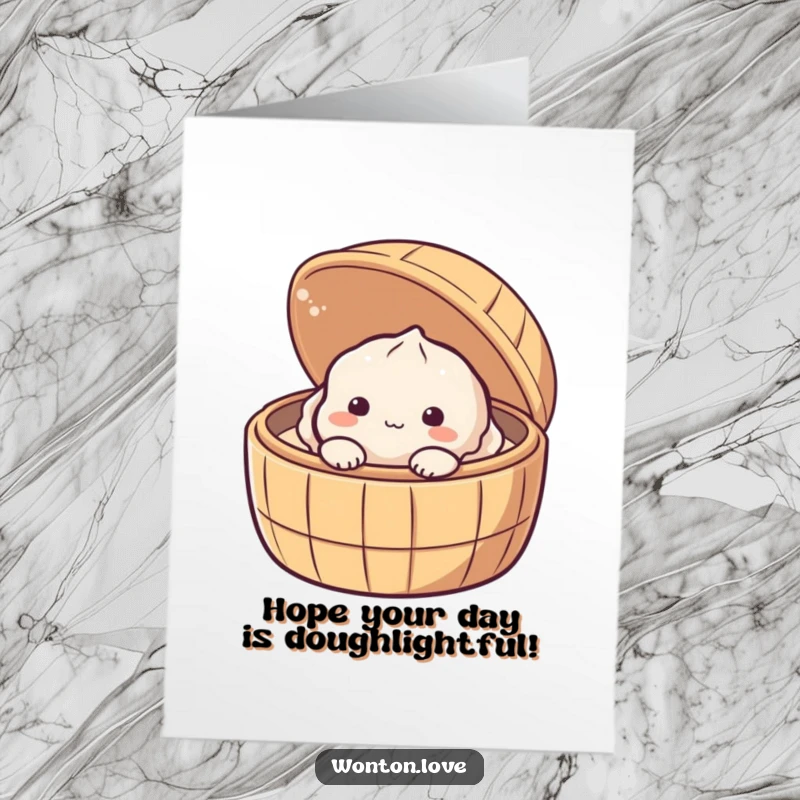 Funny Free Printable Birthday Card: A shy dumpling peeking adorably from a bamboo steamer, wishing happy birthday.