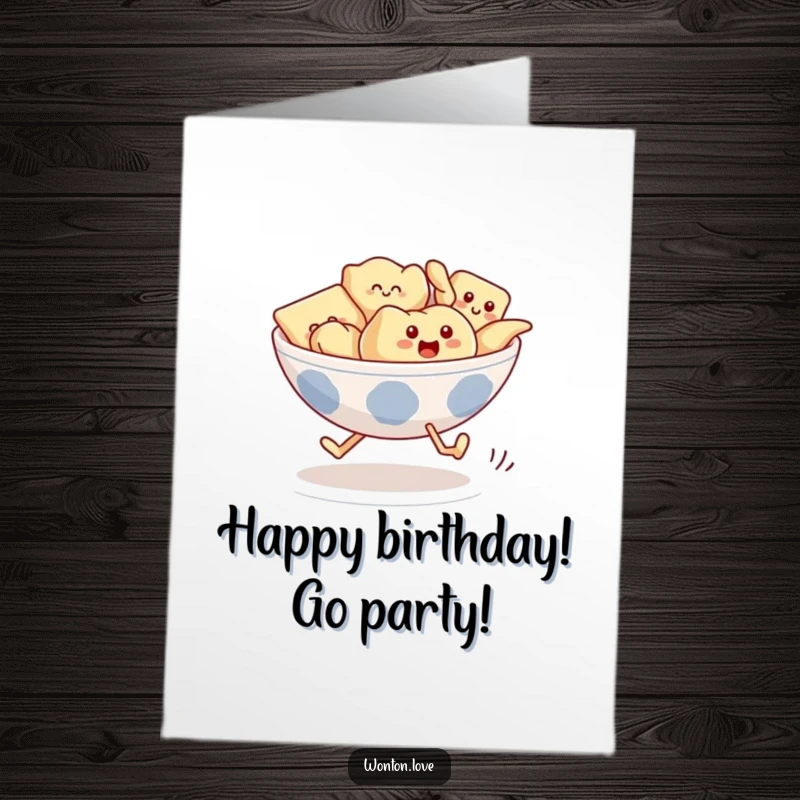 Funny Free Printable Birthday Card: A bowl of wontons with legs sprinting in a race, celebrating with gusto.