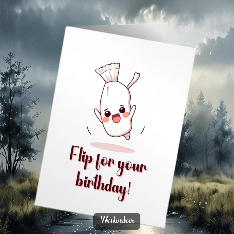 Funny Free Printable Birthday Card: An excited wonton wrapper energetically doing a somersault, celebrating with joy.
