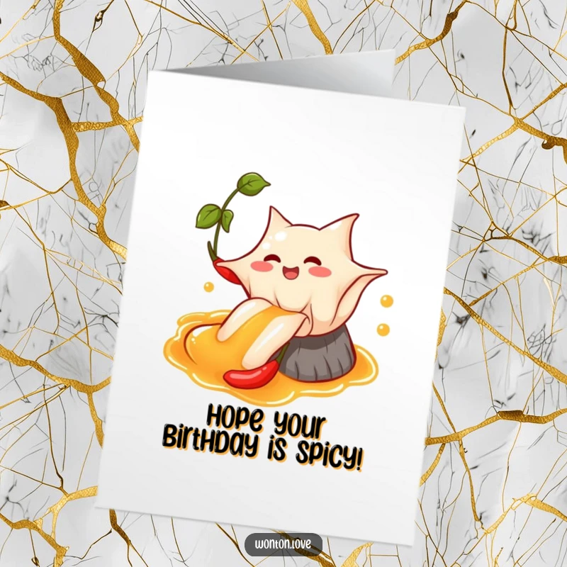 Funny Free Printable Wonton Birthday Card with a happy wonton sliding down a chili oil stream, a thrilling downloadable gift.