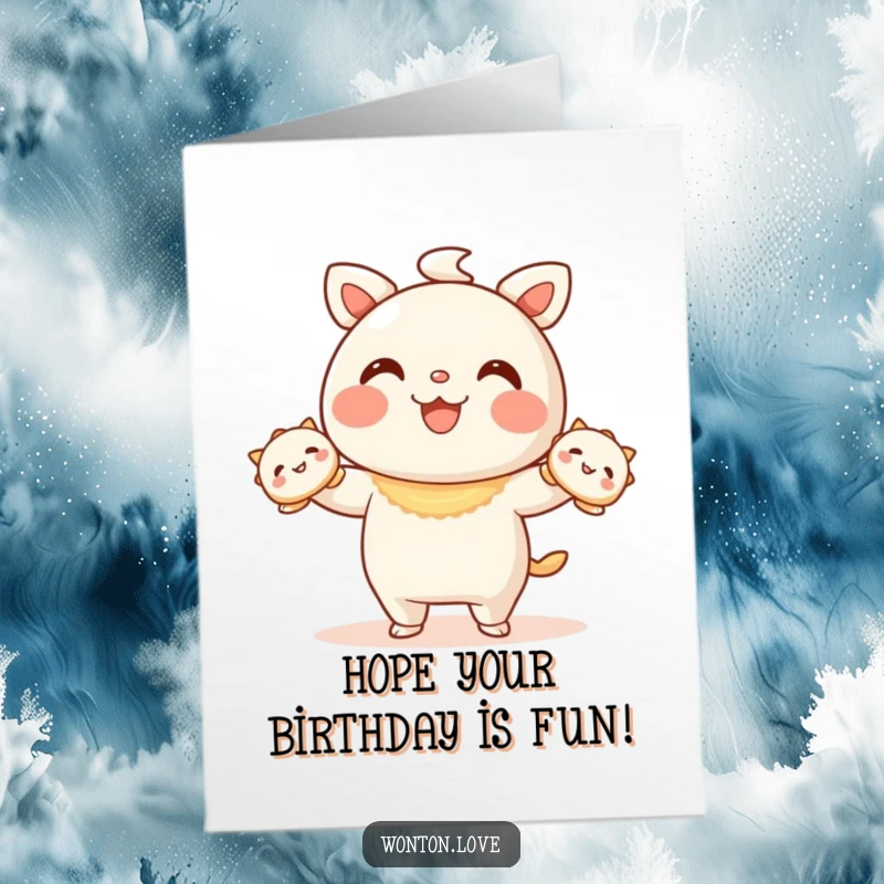 Funny Free Printable Wonton Birthday Card with a wonton character skillfully juggling three tiny, smiling dumplings, a charming downloadable gift.