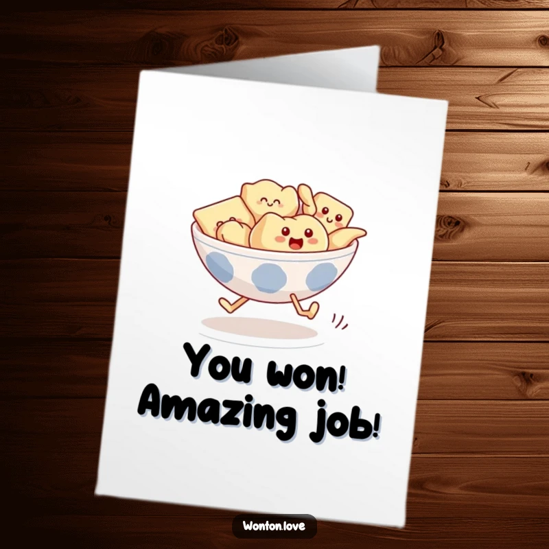 Funny Free Printable Congratulations Card: Wonton characters with legs enthusiastically racing towards the finish line.