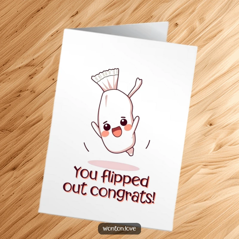 Funny Free Printable Congratulations Card: An excited wonton wrapper doing a somersault, celebrating a success.