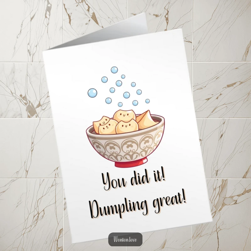 Funny Free Printable Wonton Congratulations Card in a steaming bowl, bubbling with joy, a perfect downloadable gift for success.
