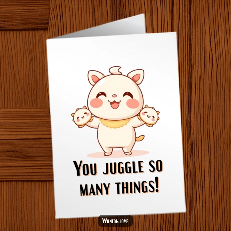 Funny Free Printable Wonton Congratulations Card of a wonton juggling smiling dumplings, a delightful downloadable gift for achievements.