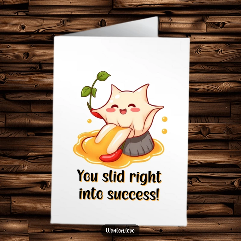 Funny Free Printable Wonton Congratulations Card showing a wonton joyfully sliding down a chili oil stream, an exciting downloadable gift.