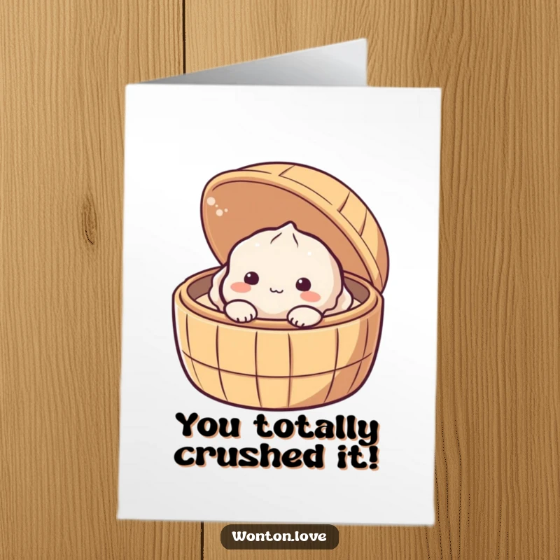 Funny Free Printable Congratulations Card: A bashful dumpling peeking out from its steamer, sharing in the joy.