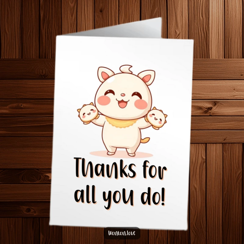 Funny Free Printable Wonton Thank You Card of a wonton juggling happy dumplings, a sweet downloadable gift for thanks.