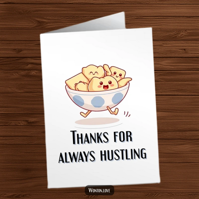 Funny Free Printable Thank You Card: Wonton figures with legs running a race, conveying thanks swiftly.