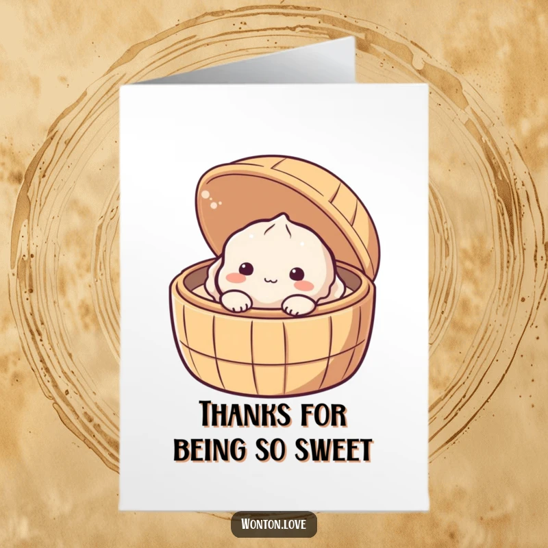 Funny Free Printable Thank You Card: A timid dumpling peeking shyly from a bamboo steamer, conveying thanks.