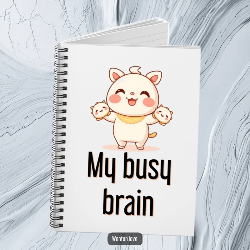 Funny Wonton Juggling Notebook with a wonton character juggling happy dumplings, great for journaling.