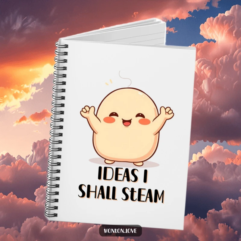 Funny Steamed Bun Notebook featuring a smiling bao character with doughy arms waving, ready for your notes.
