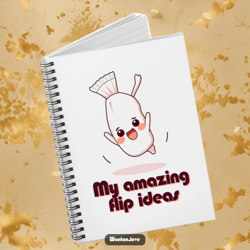 Funny notebook with an excited wonton wrapper performing a somersault, perfect for jotting down humorous notes.