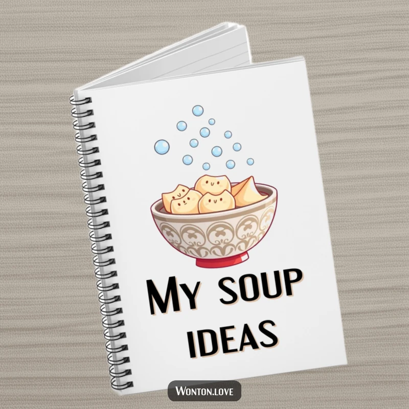 Funny Wonton Steam Notebook with a cute wonton bowl design and playful bubbles, perfect for jotting ideas.