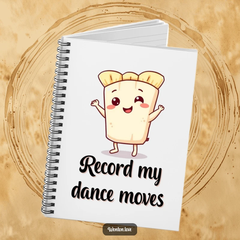 Funny notebook with a smiling wonton wrapper doing a jig, perfect for fun note-taking and creative brainstorming.