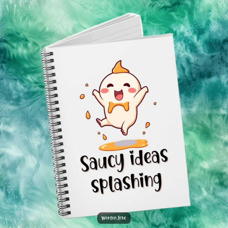 Funny Notebook featuring a happy wonton character in a cartwheel with sauce splashes, designed for note-taking with a humorous, energetic theme.