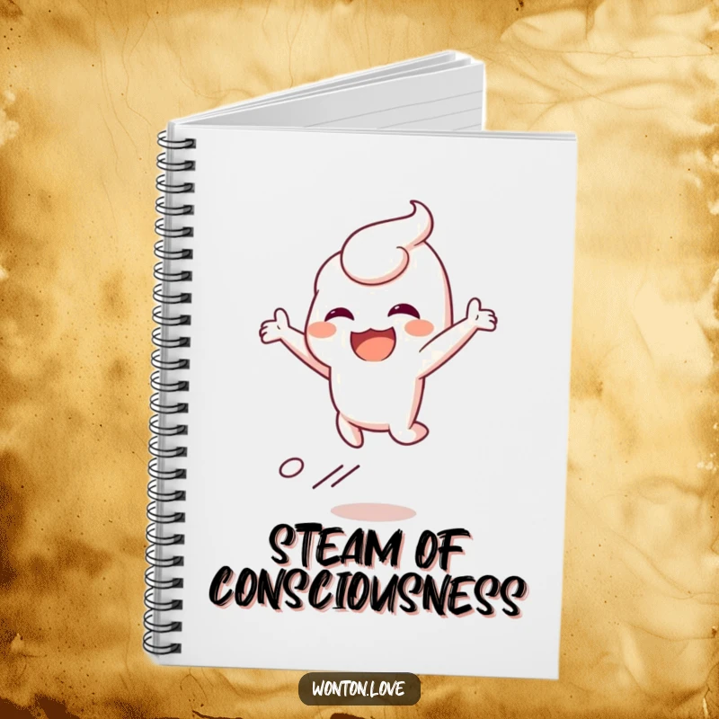 Funny notebook with a wonton character leaping joyfully, leaving a steam trail, perfect for fun notes.