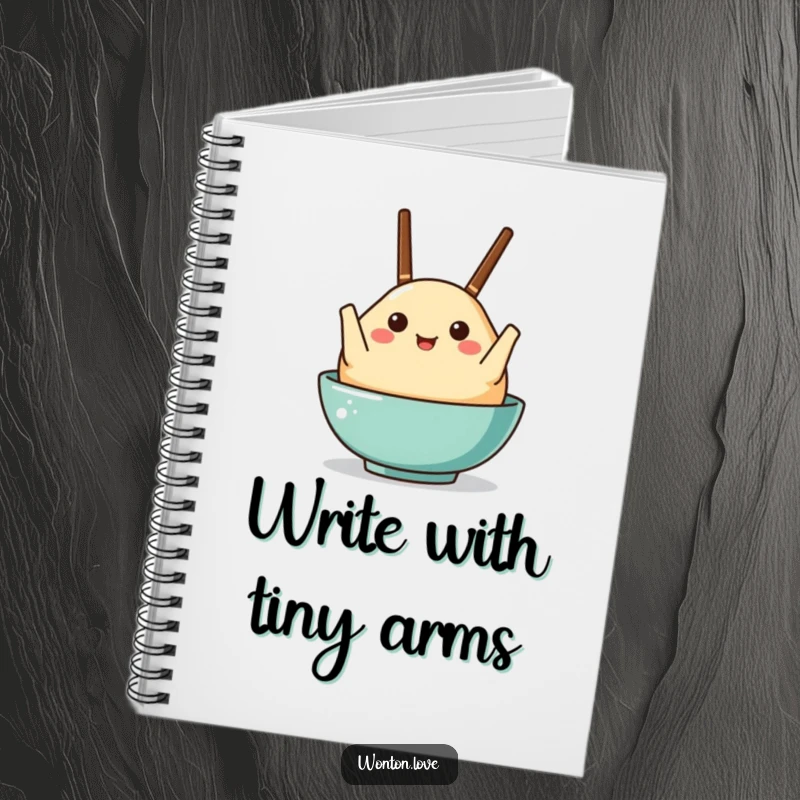 Funny notebook with a wonton character holding tiny chopsticks like arms, perfect for fun notes.