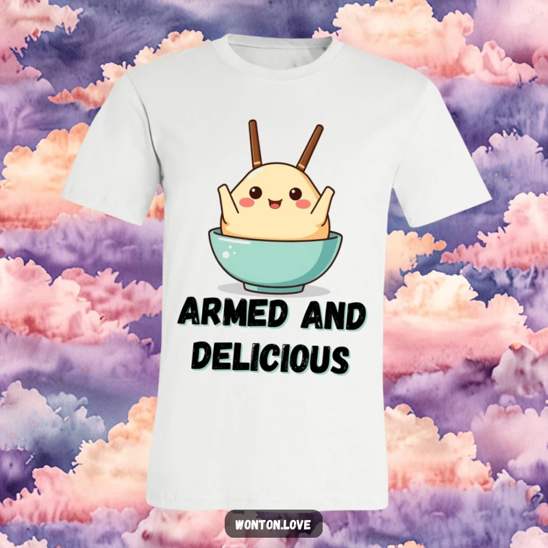 Funny t-shirt depicting a wonton character humorously holding tiny chopsticks like arms, embodying quirky charm.