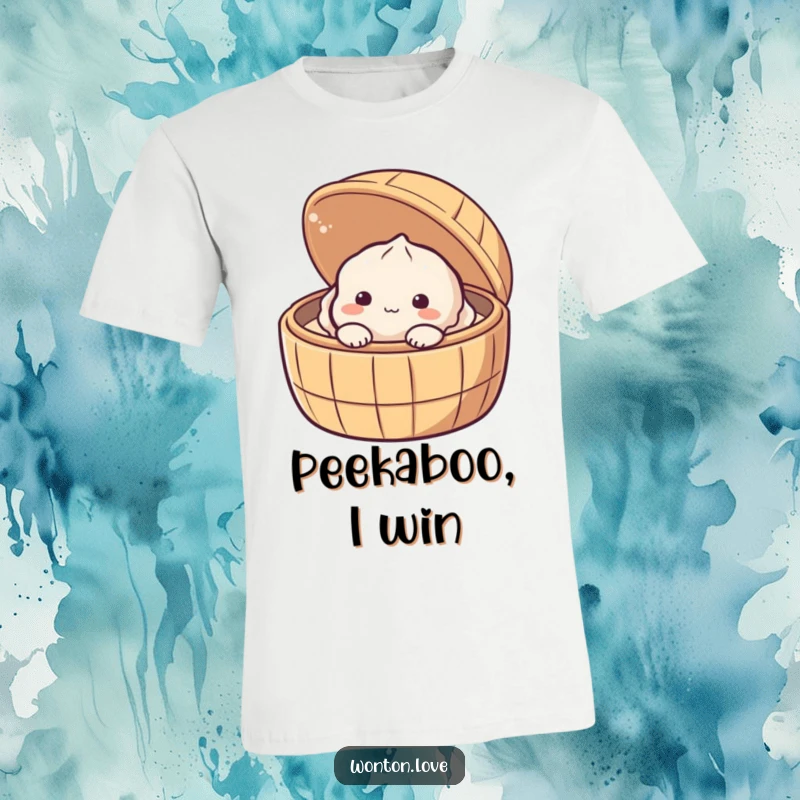 Funny Shy Dumpling T-Shirt featuring a timid baozi character peeking curiously from its bamboo steamer.