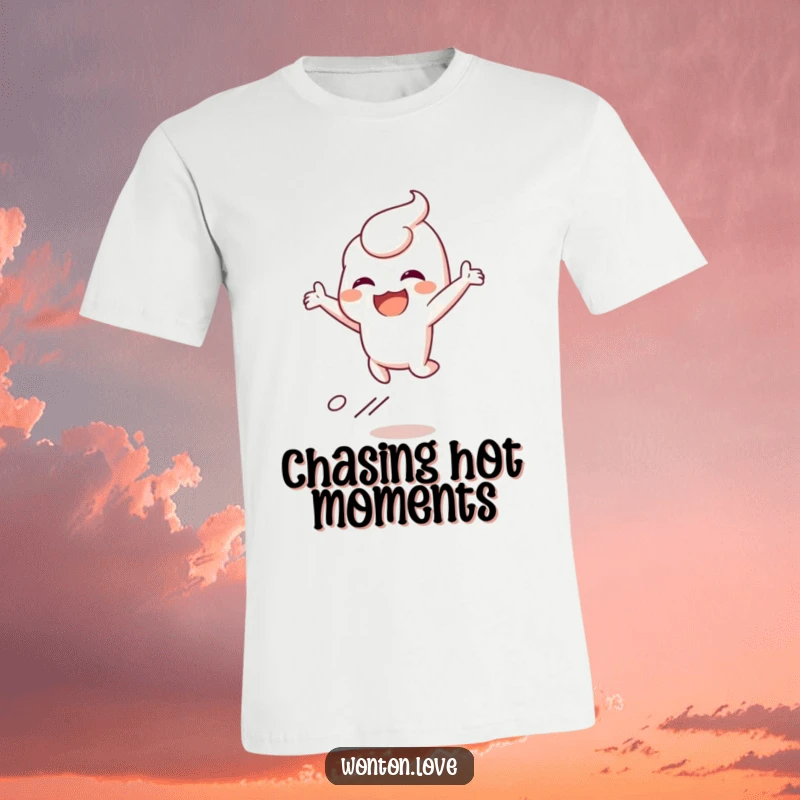 Funny t-shirt depicting a wonton character leaping joyfully, leaving a trail of steam, conveying excitement and fun.