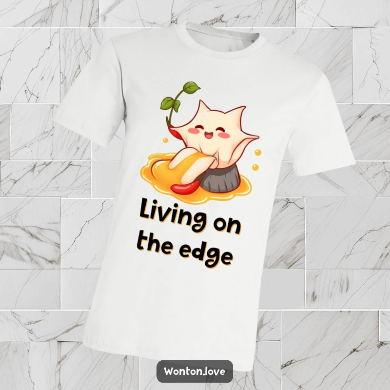 Funny Wonton Chili Oil T-Shirt depicting a happy wonton enjoying a slide down chili oil, full of zest.