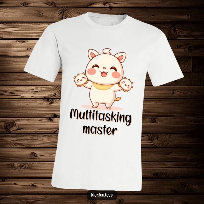Funny Wonton Juggling T-Shirt showing a wonton character juggling happy dumplings, showcasing dexterity.