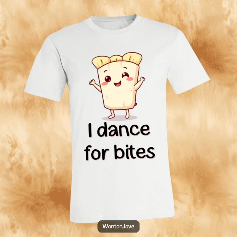 Funny t-shirt depicting a smiling wonton wrapper character doing a lively jig, full of playful energy and charm.