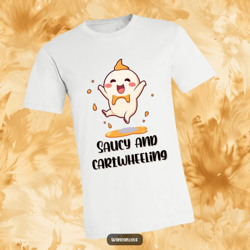 Funny T-Shirt showcasing a happy wonton character performing a cartwheel with exuberant sauce splashes, perfect for humorous, energetic expression.